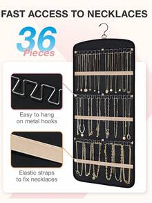 1 件装悬挂式珠宝收纳盒，带金属挂钩，双面珠宝架，项链架，带 35 个口袋，大号珠宝卷，可存放耳环、项链、戒指，可挂在衣柜、墙壁、门上，大号，黑色