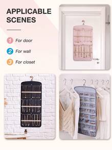 1 件装悬挂式珠宝收纳盒，带金属挂钩，双面珠宝架，项链架，带 35 个口袋，大号珠宝卷，可存放耳环、项链、戒指，可挂在衣柜、墙壁、门上，大号，黑色