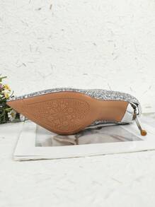 Tacones altos estilo francés para niñas - Nuevos lanzamientos de primavera 2023, tacones altos delgados y con puntera sexy con brillos - Plateado - Ver 5