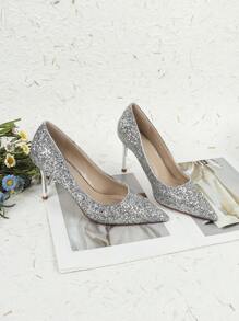 Tacones altos estilo francés para niñas - Nuevos lanzamientos de primavera 2023, tacones altos delgados y con puntera sexy con brillos - Plateado - Ver 3