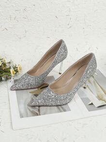 Tacones altos estilo francés para niñas - Nuevos lanzamientos de primavera 2023, tacones altos delgados y con puntera sexy con brillos - Plateado - Ver 2