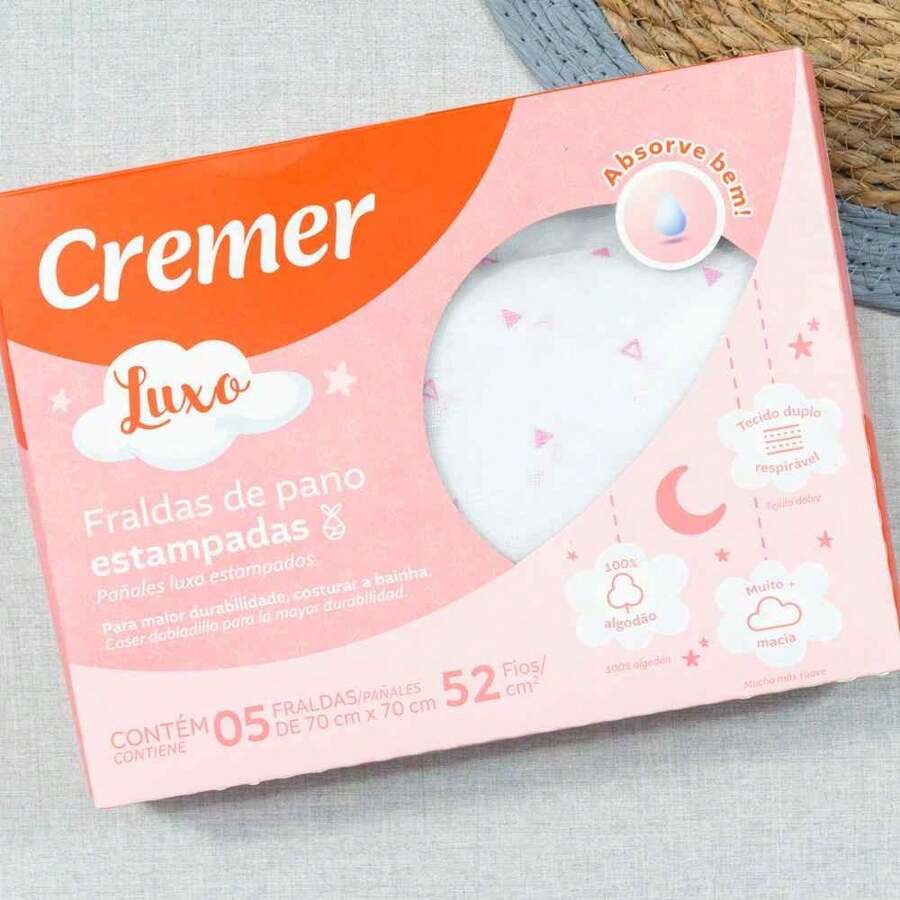 CAIXA COM 05 FRALDAS CREMER LUXO TECIDO DUPLO 100% ALGODÃO ESTAMPADAS 70X70CM - Rosa Bebê - Visão 1