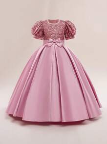 少女亮片蝴蝶结缎面长款优雅正式礼服，适合盛大晚宴、活动策划、正式晚宴等场合，不含头饰 - 藕粉色 - 查看 4