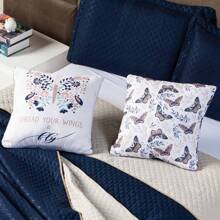Kit Cobre Leito Colcha Borboleta Azul Marinho/Caqui Dupla Face com Almofadas Estampadas Casal Padrão 05 Peças - Decoração Quarto Moderno