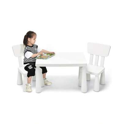 Barnsittgrupp av plast, barnbord med 2 stolar, stol med ryggstöd, med runda kanter, enfärgad design, för pojkar och flickor, för barnrum