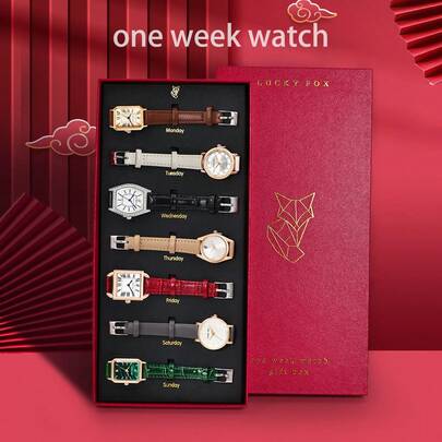 LUCKYFOX Bộ kết hợp pin khô 7 cái/bộ dành cho nữ, Bộ hộp quà phù hợp với chủ đề mới 'một tuần đồng hồ', Đồng hồ dây đeo bằng da Pu bằng hợp kim kẽm thông thường, hợp kim kẽm cổ điển dành cho bộ quà tặng sử dụng hàng ngày làm quà tặng cho học sinh quay trở lại trường học