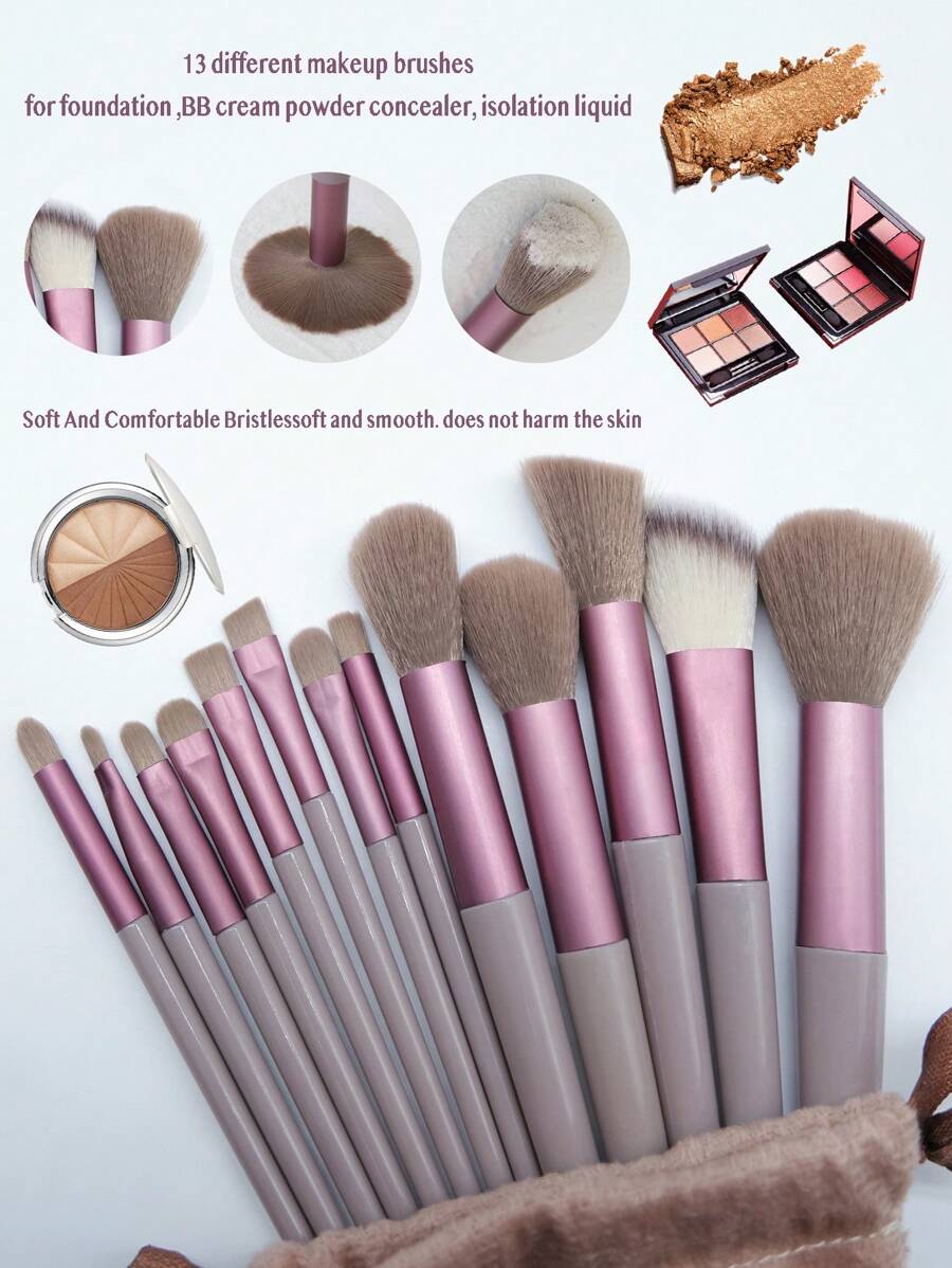 13pcs Portable Makeup Brush Set, Includes Blush Brush, Eyeshadow Brush