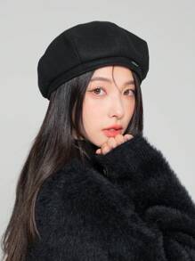 1pc Solid Color Beret Hat, Fall And Winter, Adjustable For Various Head Sizes - Black - View 4