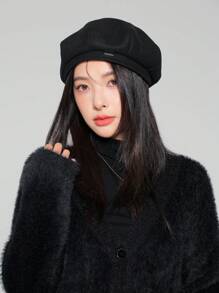 1pc Solid Color Beret Hat, Fall And Winter, Adjustable For Various Head Sizes - Black - View 3