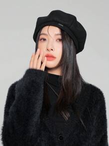 1pc Solid Color Beret Hat, Fall And Winter, Adjustable For Various Head Sizes - Black - View 2