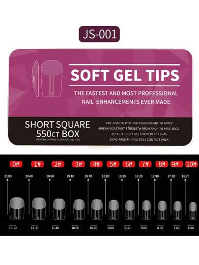 550本の短い正方形ソフトジェルフルカバーネイルチップキット、11サイズフルカバーのプレシェイプされたフェイクプレスオンネイル、DIYホームサロンマニキュアツールに適したケース付き