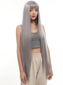 1 Meter Black Natural Long Straight Hair Fake With Bangs Synthetic Female Wig, Suitable For Everyday Use, Halloween Wig Parties And Festive Wear - Grey - View 4