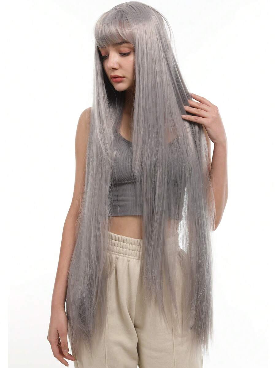1 Meter Black Natural Long Straight Hair Fake With Bangs Synthetic Female Wig, Suitable For Everyday Use, Halloween Wig Parties And Festive Wear - Grey - View 1