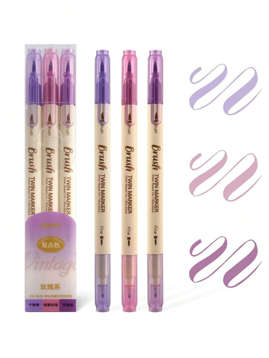 3pcs Retro Color Twin Marker Pens Set Dual-Side Brush Drawing Fine Liner Water Based Ink Blendable Watercolor Art Painting