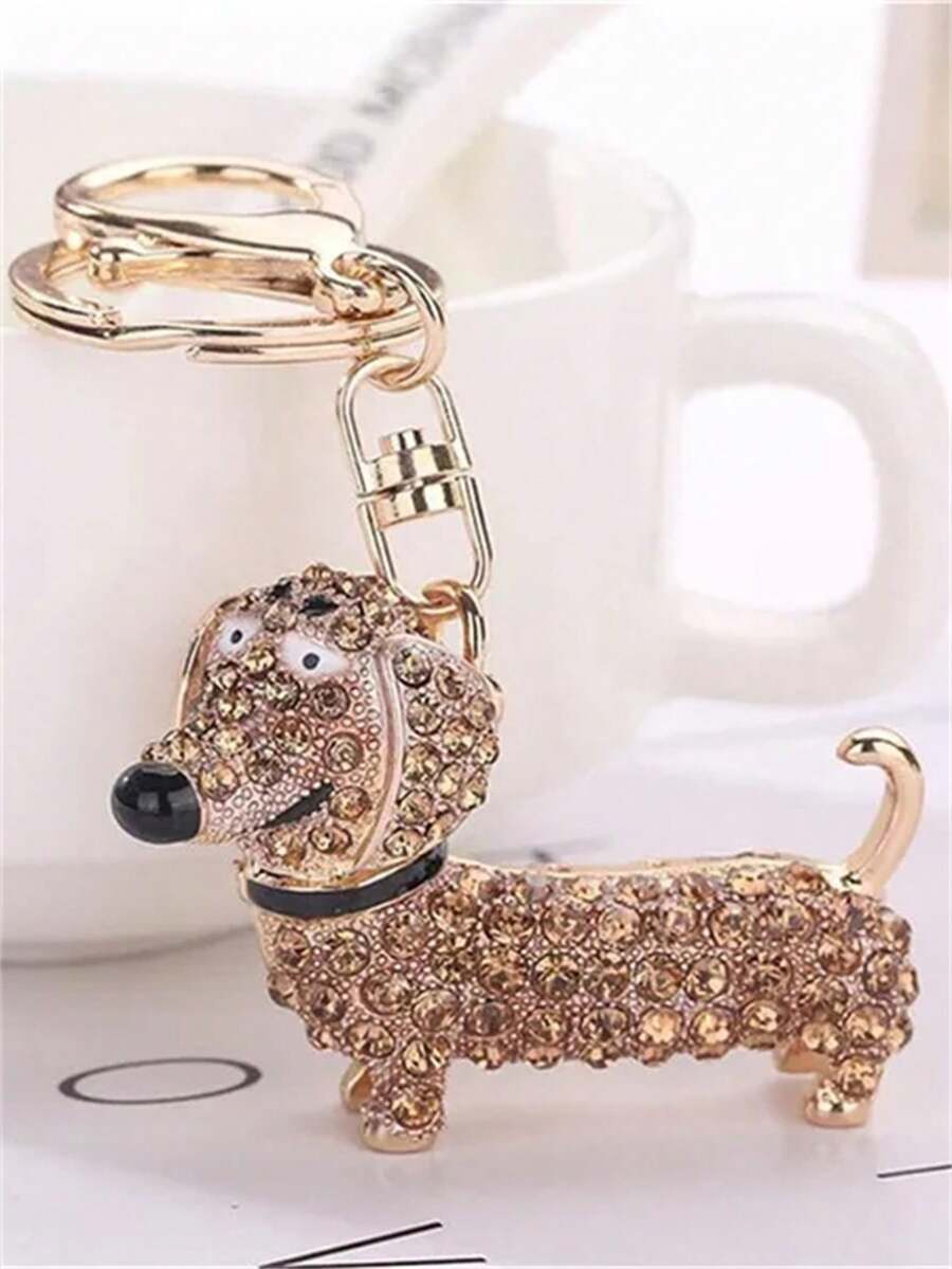 1 件可爱狗狗腊肠犬钥匙扣礼物女士女孩包包吊坠钥匙圈钥匙扣首饰包包吊坠汽车配饰女款腊肠犬 - 金色 - 查看 1