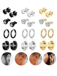 12對男士立體鑲嵌鑽石門式帶扣耳環,女性立體鑲嵌鑽石耳釘套裝,時尚普普風小hoop耳環 - 12 對時尚耳環套裝 - 查看 1