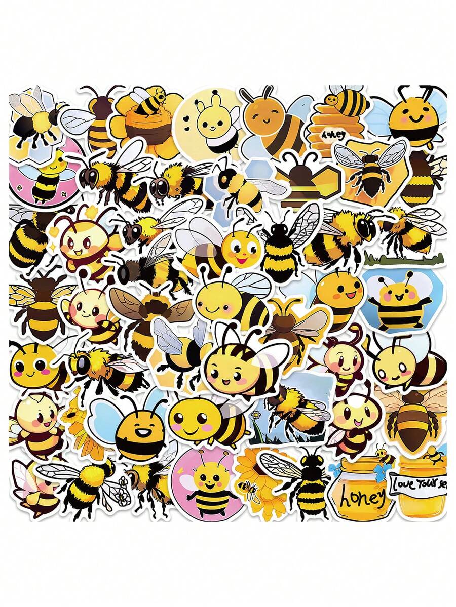New Cartoon Bee Graffiti Sticker For Personalizing Decoration Of Guitar, Notebook, Luggage, Waterproof, 50pcs/pack, 1pc, Yellow - Yellow - View 1