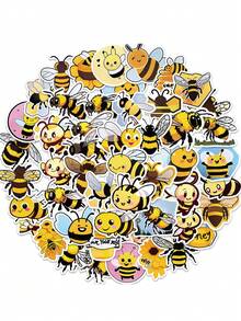 New Cartoon Bee Graffiti Sticker For Personalizing Decoration Of Guitar, Notebook, Luggage, Waterproof, 50pcs/pack, 1pc, Yellow - Yellow - View 3