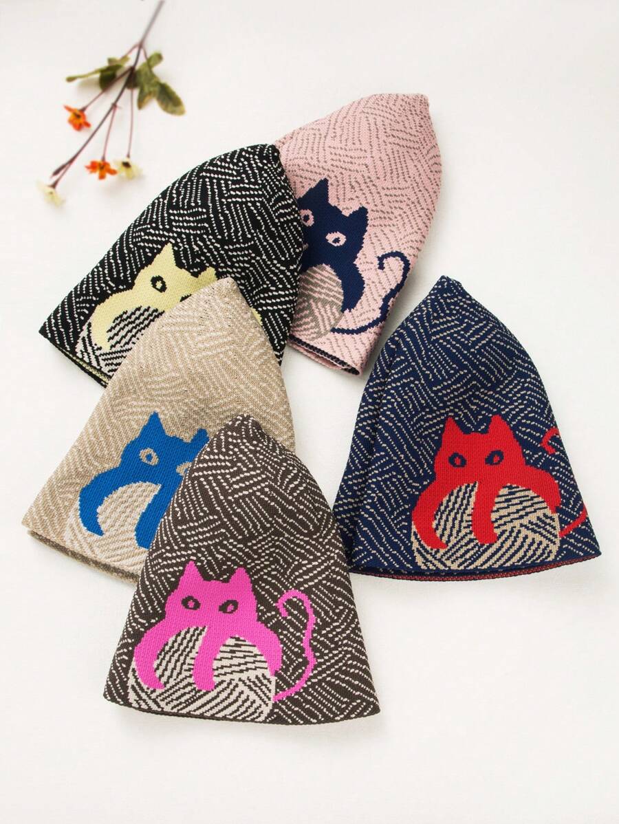 1pc Women's Cat Pattern Bucket Hat, Fashionable, Portable, Breathable, Versatile, Suitable For Autumn And Winter Travel - Pink - View 1