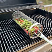 1 件戶外燒烤滾動燒烤籃,不銹鋼烤肉網圓筒形烤肉籃