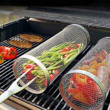 1 件戶外燒烤滾動燒烤籃,不銹鋼烤肉網圓筒形烤肉籃