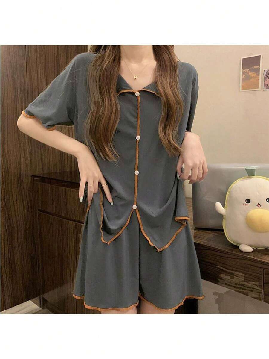 Bộ đồ giản dị Nữ Tương phản ràng buộc Nút phía trước màu trơn - màu đen - Xem 1