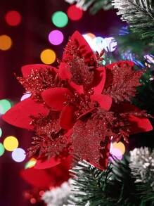 5入組紅色人工聖誕裝飾花,閃閃發光的聖誕紅星花理想裝飾聖誕樹、花環和節日派對飾品 - 紅色 - 查看 1