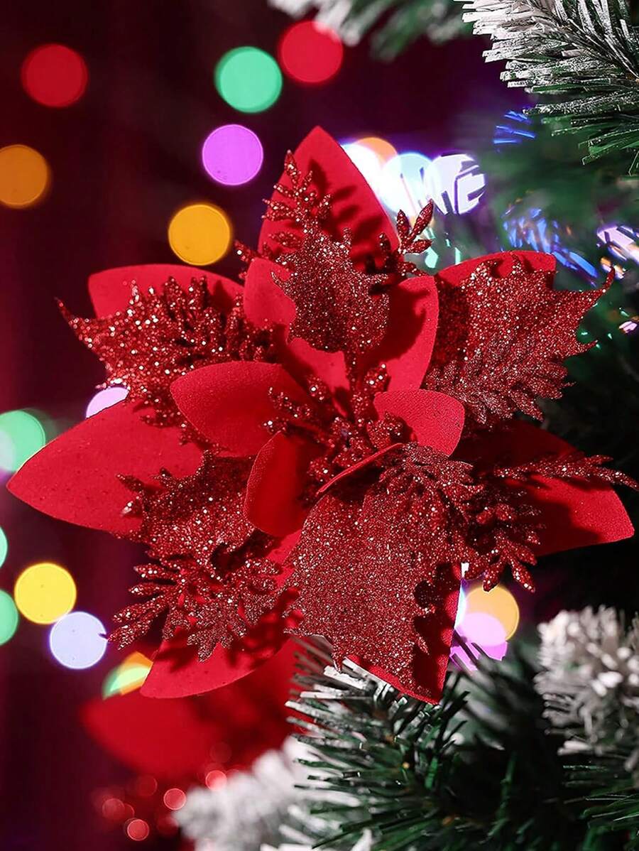 5入組紅色人工聖誕裝飾花,閃閃發光的聖誕紅星花理想裝飾聖誕樹、花環和節日派對飾品 - 紅色 - 查看 1