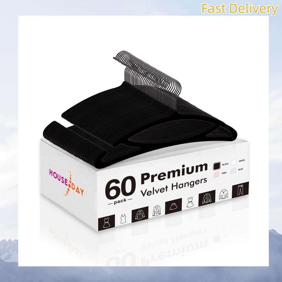 HOUSE DAY 缺口天鵝絨衣架 60入組，高級衣架，重型防滑毛氈衣架，適用於連身裙、裙子，黑色 - 黑色 - 查看 1