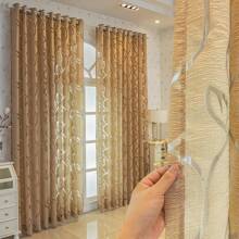 1pc Gold Thread Woven Transparent Curtain For Living Room, Bedroom, Dining Room, Kitchen; Rustic & Modern Style - Coffee Brown - View 1