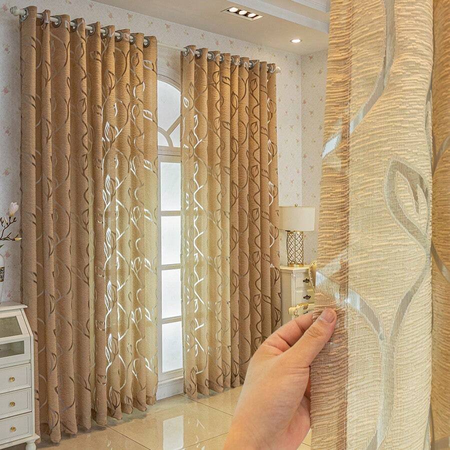 1pc Gold Thread Woven Transparent Curtain For Living Room, Bedroom, Dining Room, Kitchen; Rustic & Modern Style - Coffee Brown - View 1