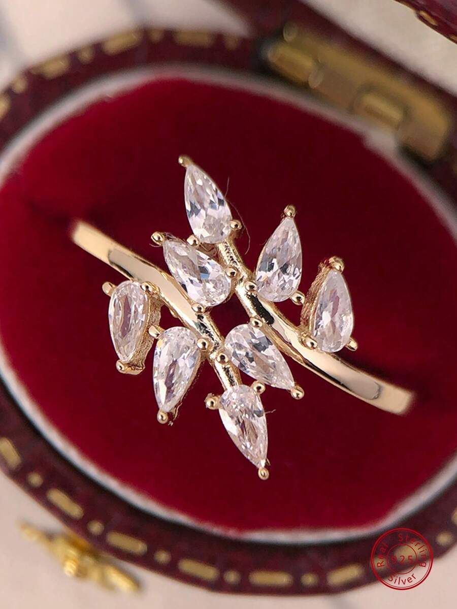 1個優雅的個性化小麥風格女戒,鍍925銀18k金並鑲嵌 Cz 水晶,是完美的女性購物配件禮物 - 金色 - 查看 1