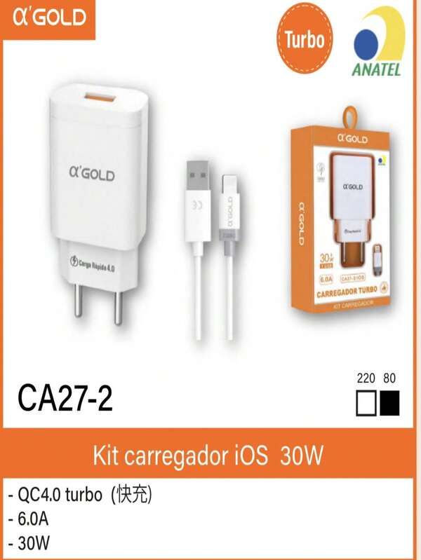 A Gold Carregador Turbo 30W 6.0A ,tem 1 Adaptador de energia 1 entrada USB e 1 Cabo USB IOS
