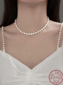 1串豪華925純銀天然珍珠串項鍊,銀珠間距可調整設計,適用於女性假期、婚禮、宴會、節日等場合