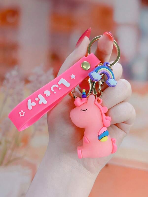 1pc Pink Cartoon Unicorn Keychain With Drop Gel & Jade Gua Dog Design, Creative Ornament For Keys, Backpack, Bag