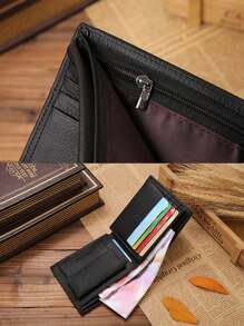 真皮男士钱包，高端产品，男士短款黑色钱包，Portville 紧凑型现金钱包，适合白领、大学生、上班族、商务人士、通勤族，是周年纪念日、情侣、生日、情人节等场合的理想礼物。男士钱包，紧凑型钱包，真皮男士钱包。 - 黑色 - 查看 4
