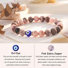 1入組邪惡之眼禮物適用於女兒,幸運的保護護身符天然石頭手鍊 - 粉色 - 查看 3