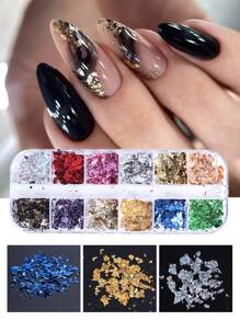 FULL BEAUTY 12 Grids Gold Foils Nail Glitter Flakes Asymmetric Aluminum Foil Paper DIY Shinny Sequins For Nail Art Decoration Accessories Winter Manicure Nail Charms Nail Gems Nail Supplies