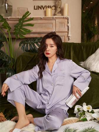 鏤空蕾絲長袖上衣和長褲休閒服穿戴套裝