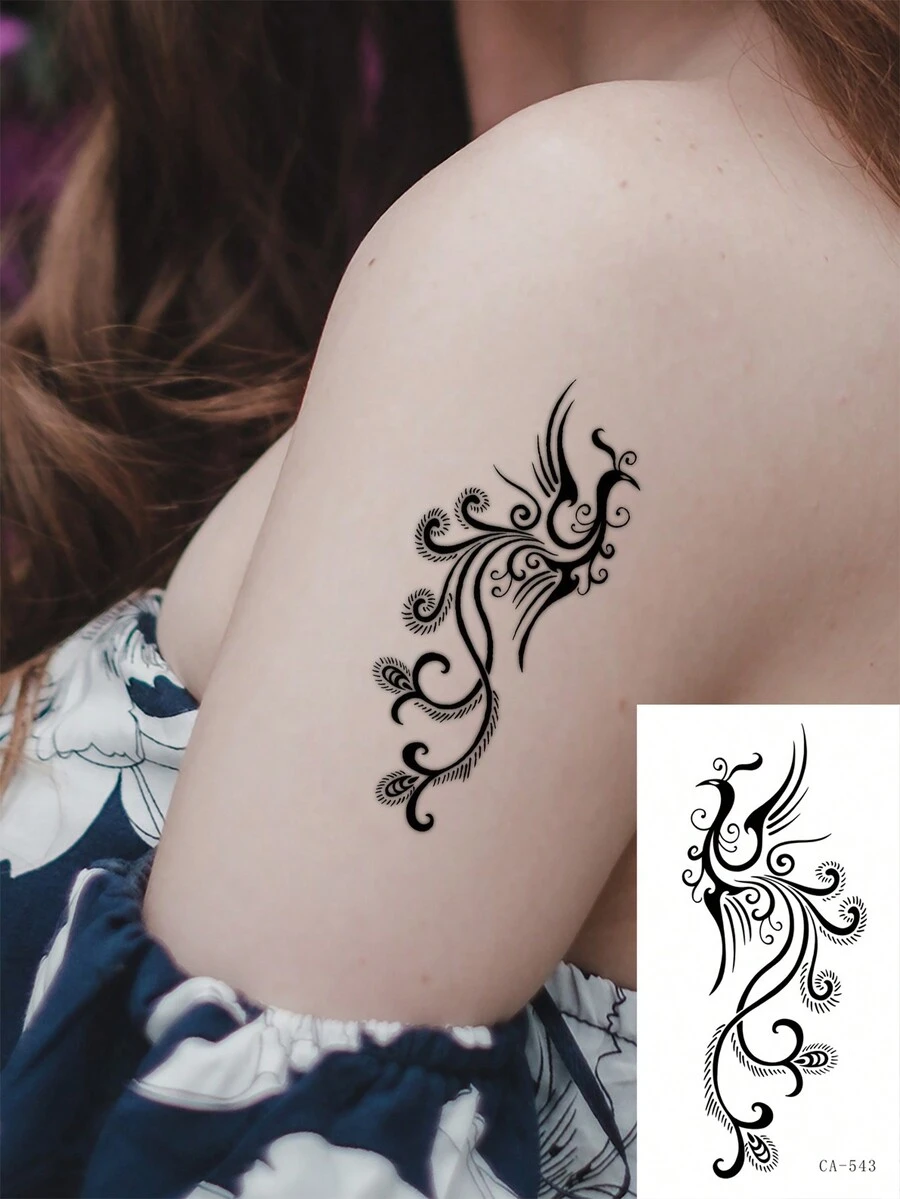 1 Pieza Tatuaje Temporal Adhesivo Lavable Con Agua, Diseño De Fénix, Hecho De Material Pvc, Resistente Al Agua Y Al Sudor, Adecuado Para Uso Diario De Personas De Moda - Negro - Ver 1