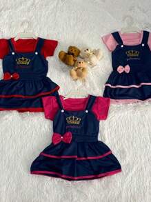 Kit 02 Jardineiras Jeans com blusinha Infantil Menina Recém-Nascida 04 peças - Multicolorido - Visão 7