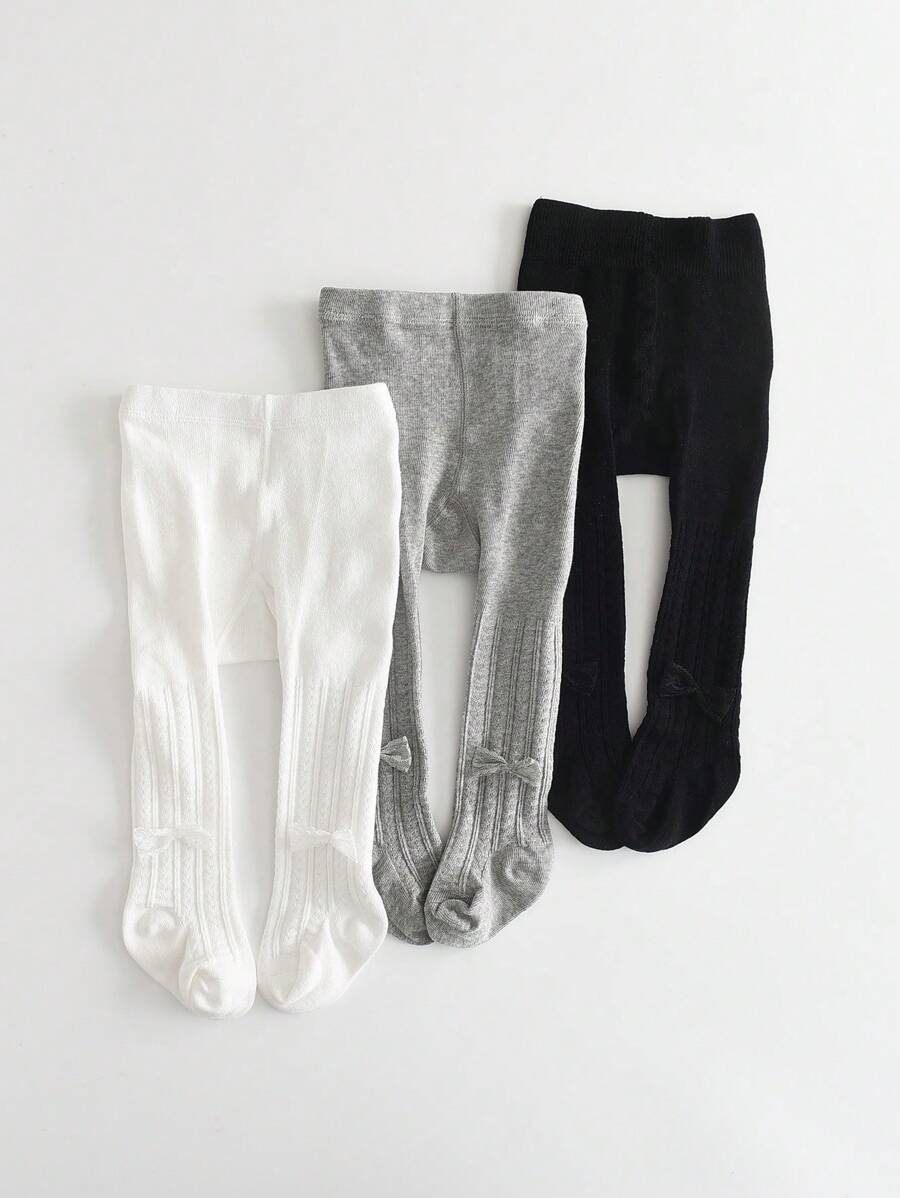 3入組幼兒女童帶彎結裝飾的緊身褲,黑白色嬰兒長襪褲