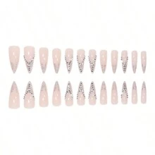 24 Piezas De Uñas Postizas Decoradas Con Brillantina Y Pedrería Al Estilo Francés, Medianas Y Largas, Para Novias - Plateado - Ver 3