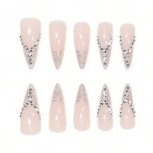 24 Piezas De Uñas Postizas Decoradas Con Brillantina Y Pedrería Al Estilo Francés, Medianas Y Largas, Para Novias - Plateado - Ver 4