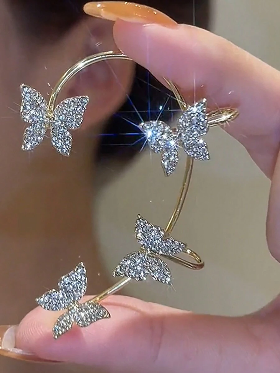 1 Pair/2pcs Gold-plated Butterfly Shaped Ear Cuff With Rhinestone Decor And Chain Tassel, For Non-pierced Ears, Women's Gift - Gold - View 1
