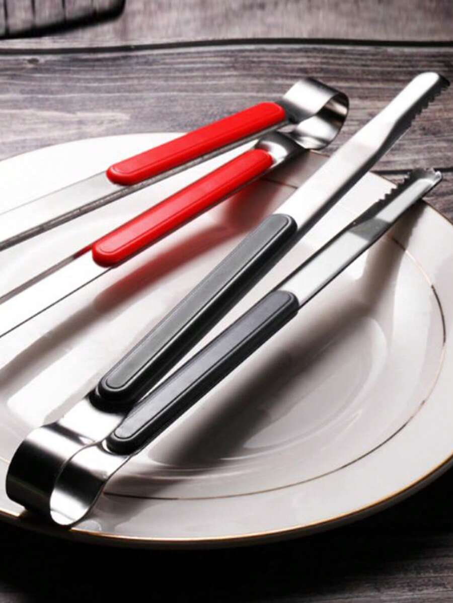 1pc Thick Stainless Steel Food Tongs, Barbecue Tongs - Black - View 1