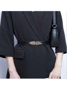 波西米亚风单件女士小叶扣PU连衣裙外套装饰时尚细腰带适合日常使用夏季、学校秋季、秋季、万圣节 - 黑色 - 查看 4