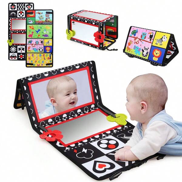 Miroir bébé pliable, jouet de décoration de Noël pour l'heure du ventre, jouet sensoriel avec des motifs contrastés noir et blanc et des lettres ABC, convient pour les nourrissons de 0 à 12 mois, livre en tissu à double face avec miroir