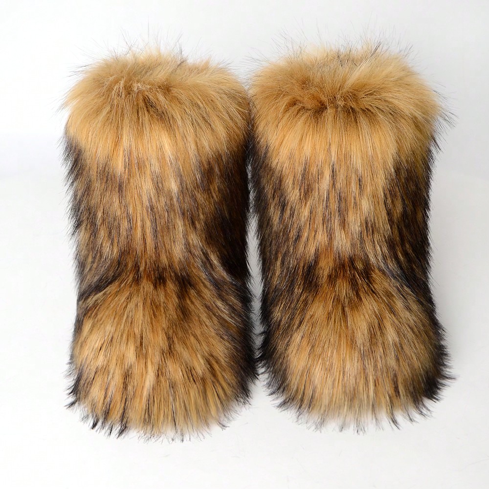 Cárdigan, botas de invierno para mujer - Botas a media pantorrilla de moda, botas planas y esponjosas para la nieve, botas de pelo, botas por encima