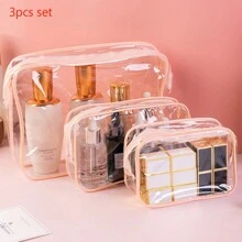 3pcs Travel PVC Cosmetic Bags, Women Transparent Toiletry Bags, Zipper Makeup Bags Organizer Bath Wash Make Up Tote Toiletry Bags Summer Travel Essentials For Beach Vacation Holiday School Supplies Dorm Essentials Back To School - Pink - View 3